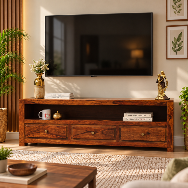Trent Sheesham Wood TV Unit with 3 Drawers & Shelf (Honey Oak Finish) - Rajasthali Furniture 