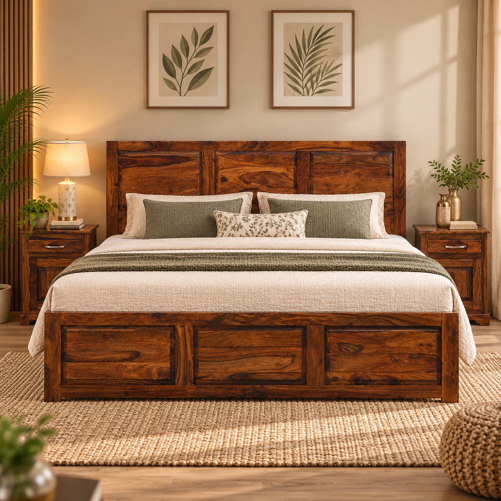 Fasica Sheesham Wood Storage Bed with 2 Bedside Tables (King Size, Honey Oak Finish)