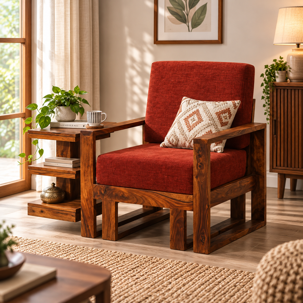 Cucus Double-Leg Sheesham Wood Sofa (1 Seater, Honey Oak Finish)