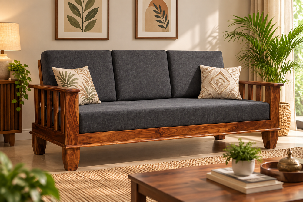 Elrose Sheesham Wood Sofa (3 Seater, Honey Oak Finish) - Rajasthali Furniture 
