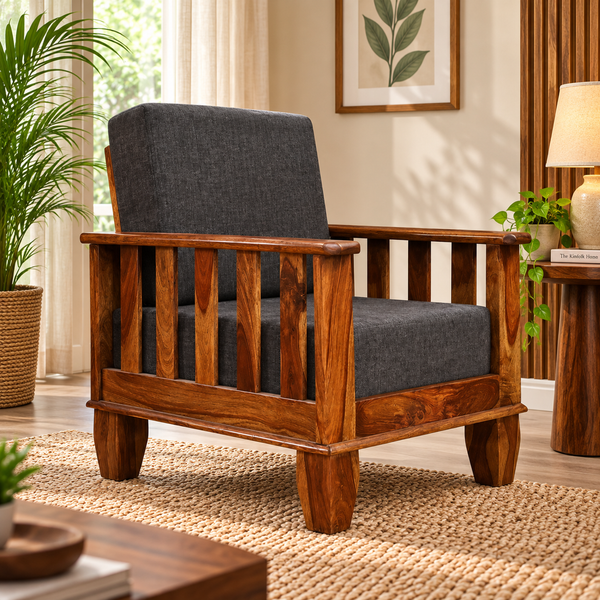 Elrose Sheesham Wood Sofa (1 Seater, Honey Oak Finish) - Rajasthali Furniture 