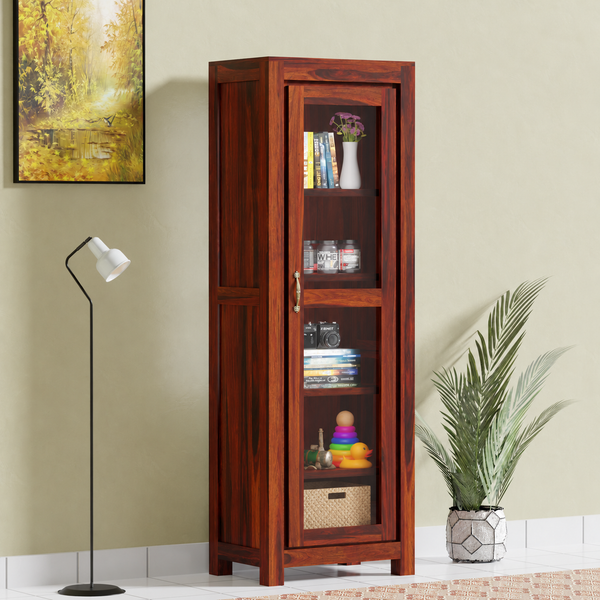 Sheesham Wood Single-Door Glass Display Cabinet with 4 Shelves (Honey Oak Finish)