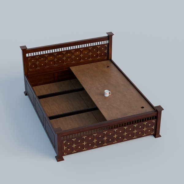 Solid Wood Queen Size Double with Brass LT Plus Design in Honey Oak and Walnut Color - Rajasthali Furniture 