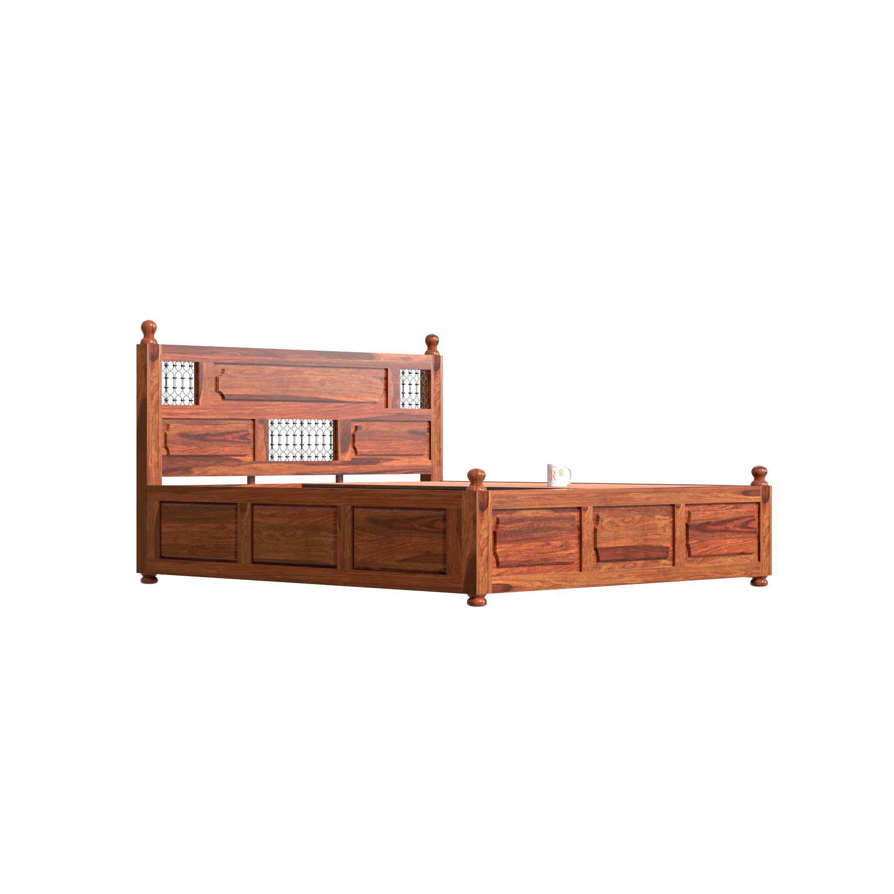 Solid Wood King Size Iron Jali Double Bed with Box Storage in Natural Finish - Rajasthali Furniture 