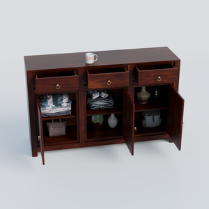Wooden Side Cabinet with Wooden Doors, 3 Doors and 3 drawers Storage Unit in Natural Finish and walnut finish - Rajasthali Furniture 