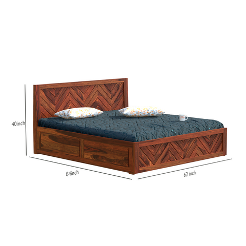 Daley Solid Wood Double Bed with Box Storage in Honey Oak Finish - Rajasthali Furniture 