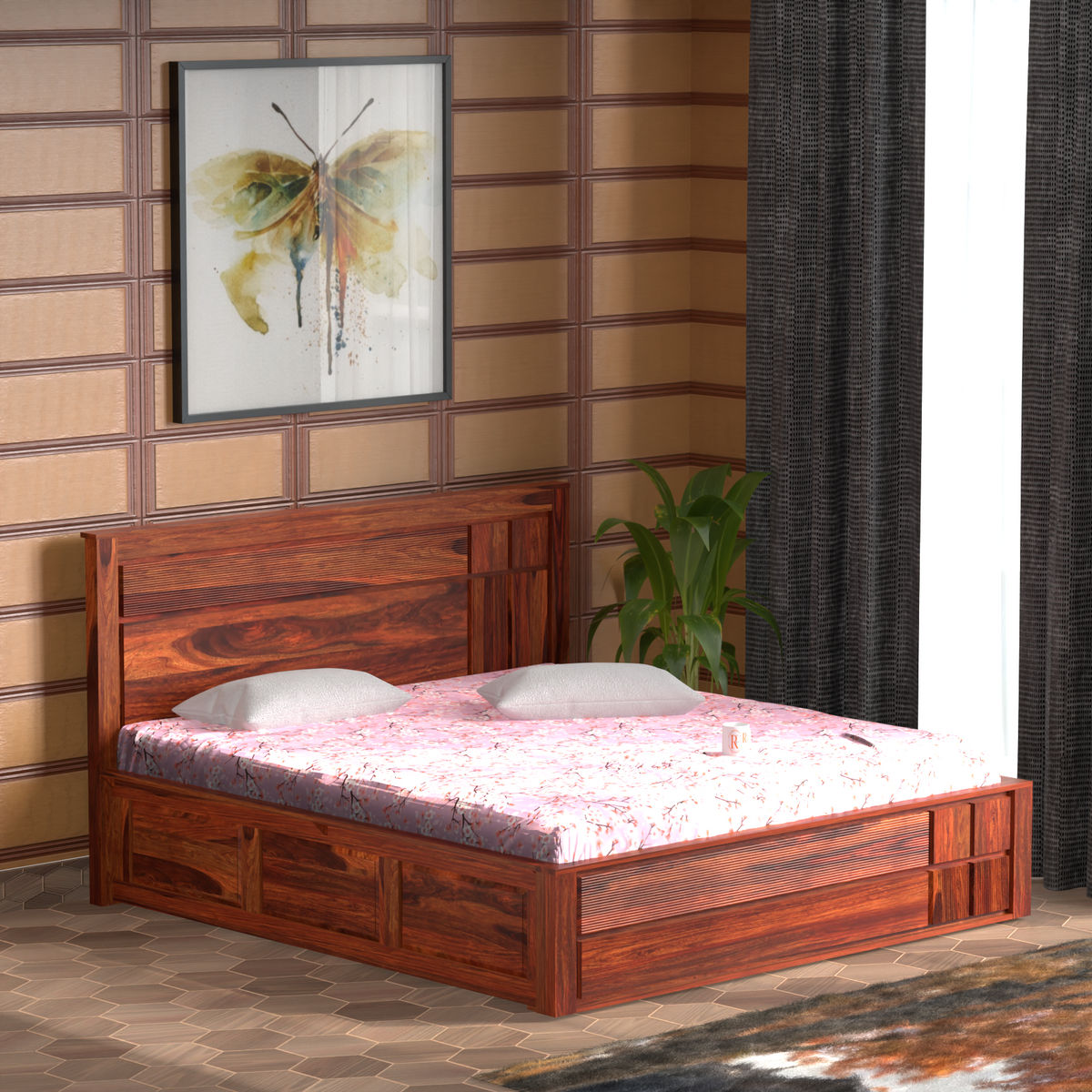 Mattson Solid Wood Queen Size Double Bed with Box Storage in Honey Oak Finish