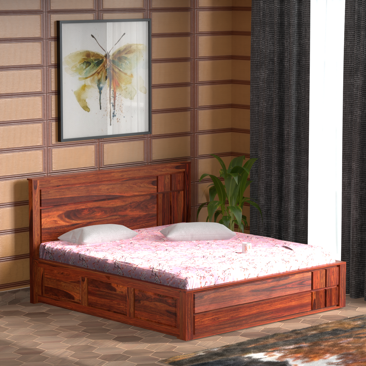 Mattson Solid Wood Queen Size Double Bed with Box Storage in Honey Oak Finish - Rajasthali Furniture 