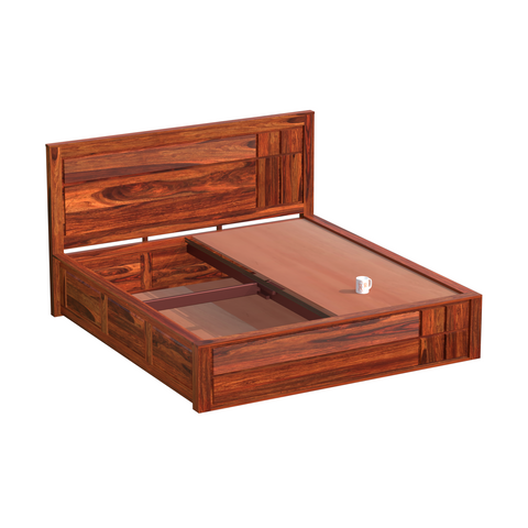 Mattson Solid Wood Queen Size Double Bed with Box Storage in Honey Oak Finish - Rajasthali Furniture 