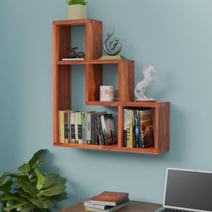 Solid Wood Wall Mount Wall Shelf for home decor in Natural and walnut finish - Rajasthali Furniture 