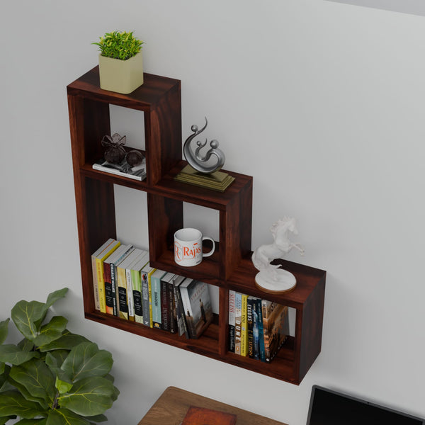 Solid Wood Wall Mount Wall Shelf for home decor in Natural and walnut finish - Rajasthali Furniture 