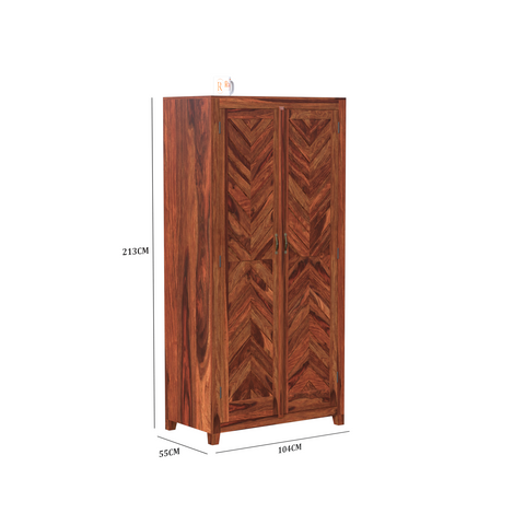 Solid Wood V Design Floor Mounted Wardrobe/ Almirah in Natural Finish - Rajasthali Furniture 