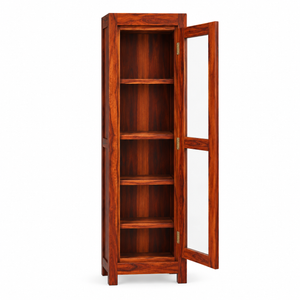 Sheesham Wood Single-Door Glass Display Cabinet with 4 Shelves (Honey Oak Finish)