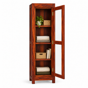 Sheesham Wood Single-Door Glass Display Cabinet with 4 Shelves (Honey Oak Finish)