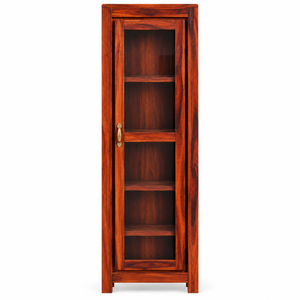 Sheesham Wood Single-Door Glass Display Cabinet with 4 Shelves (Honey Oak Finish)