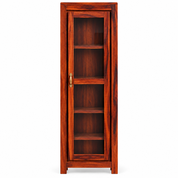 Sheesham Wood Single-Door Glass Display Cabinet with 4 Shelves (Honey Oak Finish)