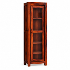 Sheesham Wood Single-Door Glass Display Cabinet with 4 Shelves (Honey Oak Finish)