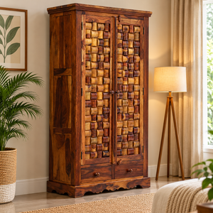 Sheesham Wood 2 Door Block Carved Wardrobe with 2 Drawers