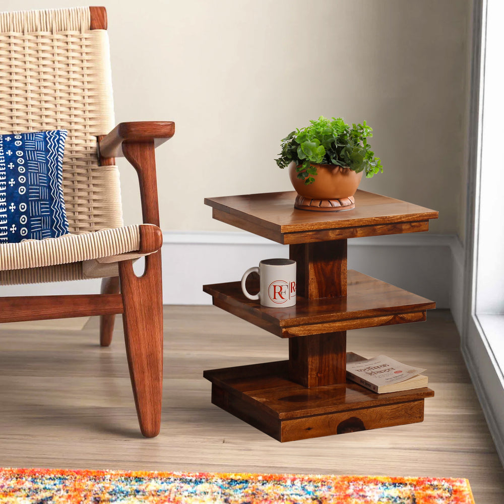Wiccan Solid Wood Multishelves End Table in Honey Oak Finish - Rajasthali Furniture 