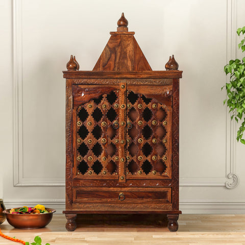 Jamini Solid Wood Double Door and One Drawer Mandir in Honey Oak Finish - Rajasthali Furniture 