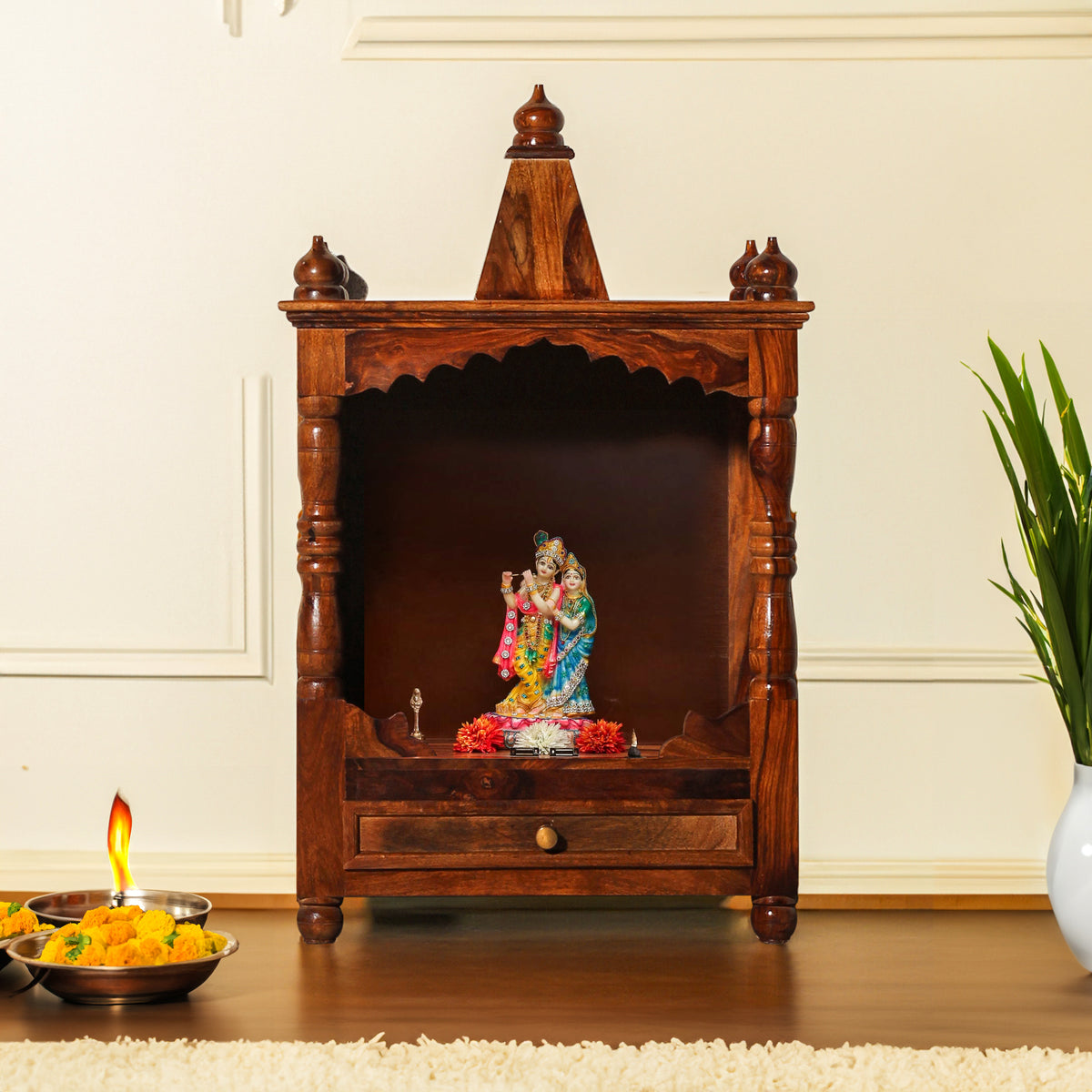 Puri Solid Wood Open Front and One Drawer Mandir in Honey Oak Finish