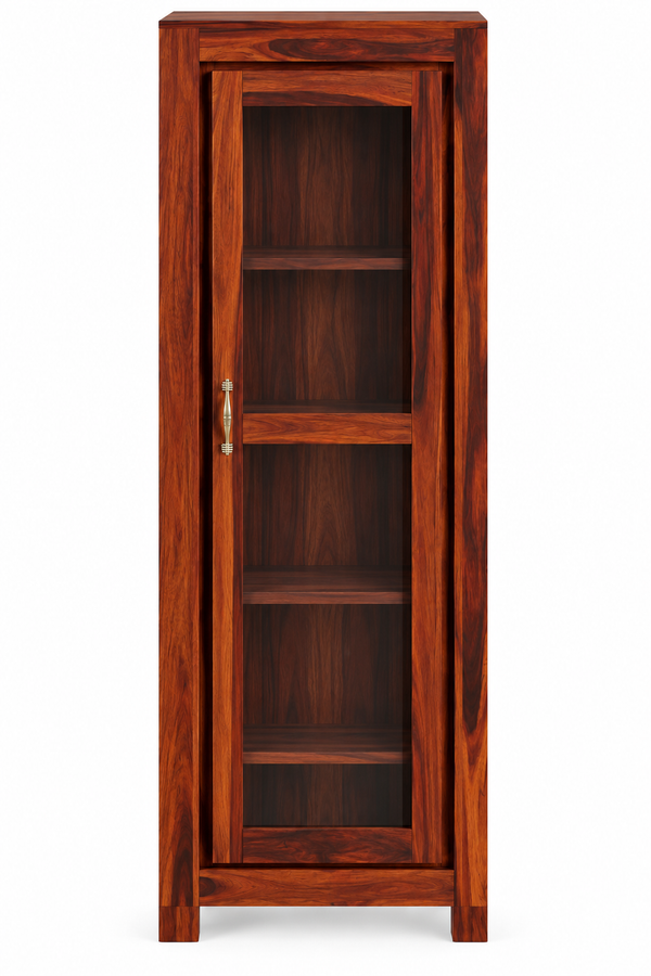 Sheesham Wood Single-Door Glass Display Cabinet with 4 Shelves (Honey Oak Finish)