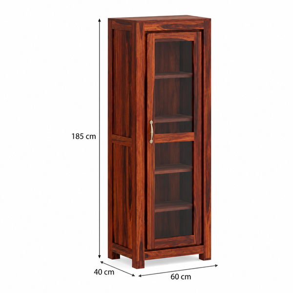 Sheesham Wood Single-Door Glass Display Cabinet with 4 Shelves (Honey Oak Finish)