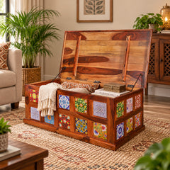 Glenns Sheesham Wood Ceramic Tile Storage Trunk (Distressed Honey Finish) - Rajasthali Furniture 