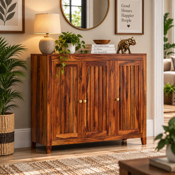 Sheesham Wood 3-Door Slatted Shoe Cabinet (Natural Finish) - Rajasthali Furniture 