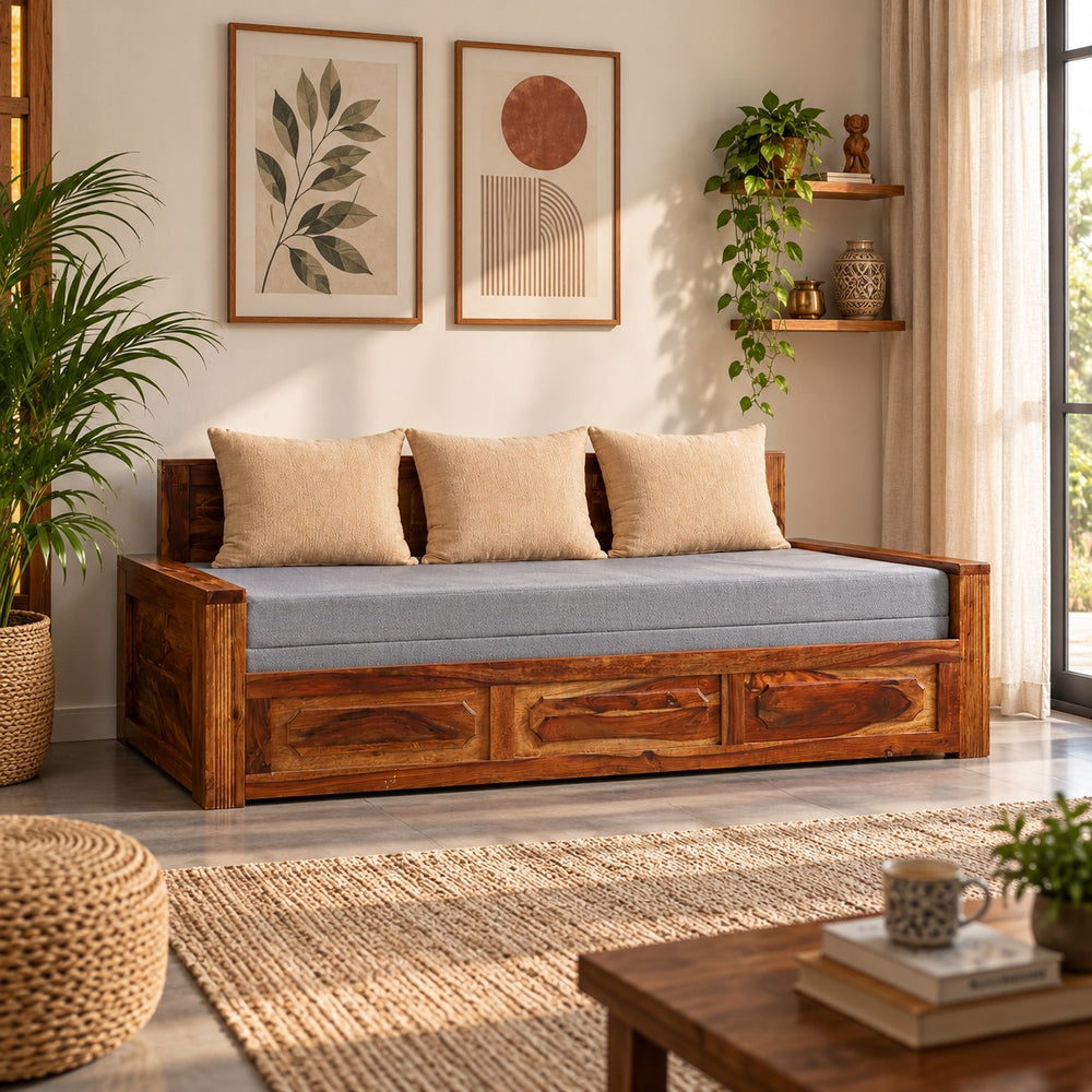 Lesa Sheesham Wood Sofa Cum Bed (Natural Finish)