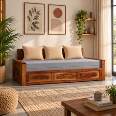 Lesa Sheesham Wood Sofa Cum Bed (Natural Finish)