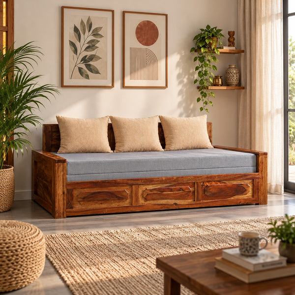Lesa Sheesham Wood Sofa Cum Bed (Natural Finish)