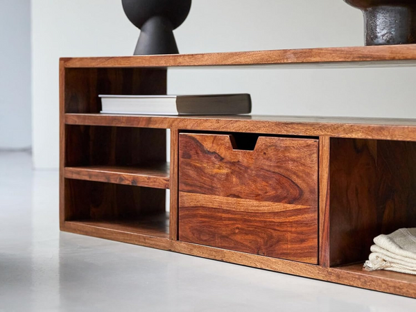 Sheesham wood TV cabinet and open shelves close-up