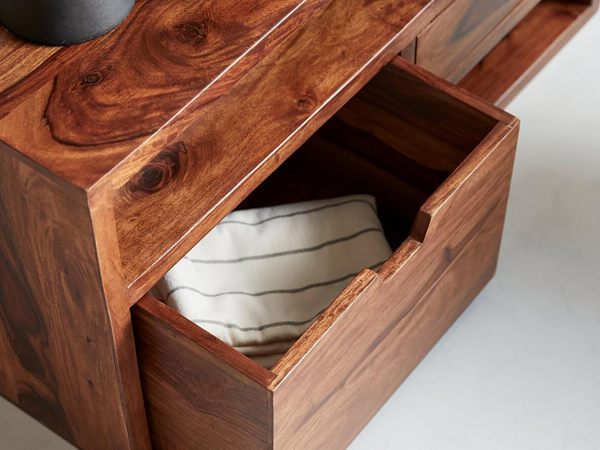 Solid Sheesham wood TV unit drawer storage detail