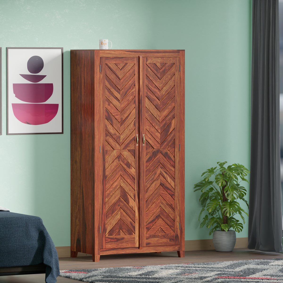 Solid Wood V Design Floor Mounted Wardrobe/ Almirah in Natural Finish - Rajasthali Furniture 