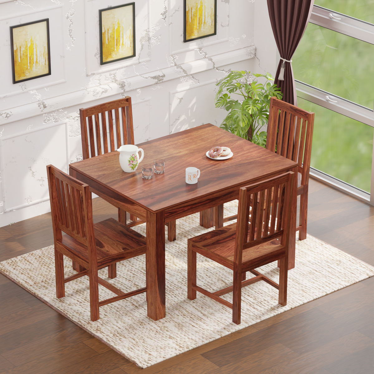 Samoa Solid Sheesham Wood Four Seat Dining Table set in Natural Finish - Rajasthali Furniture 