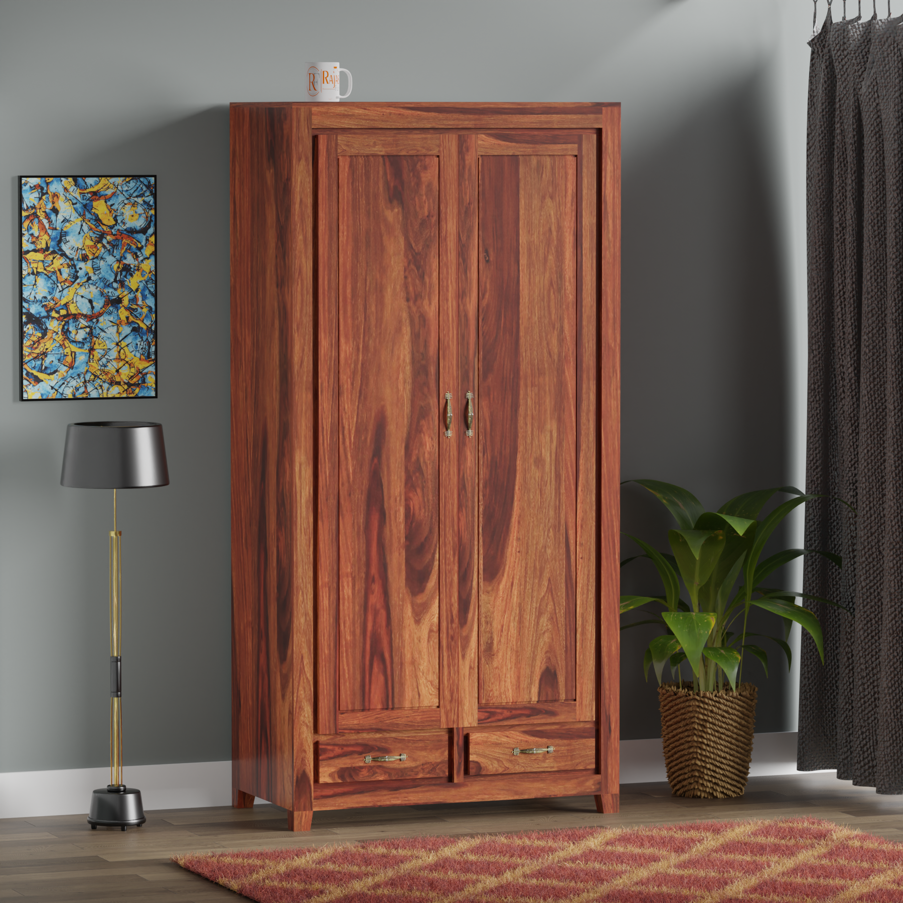 Solid Wood Centi Group Floor Mounted Wardrobe/Almirah in Natural Finish - Rajasthali Furniture 