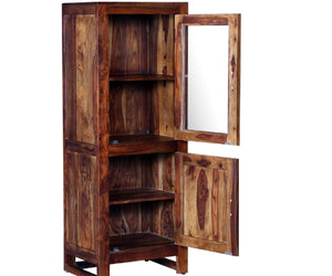 Fanti Sheesham wood book cabinet with both doors open and storage shelves visible