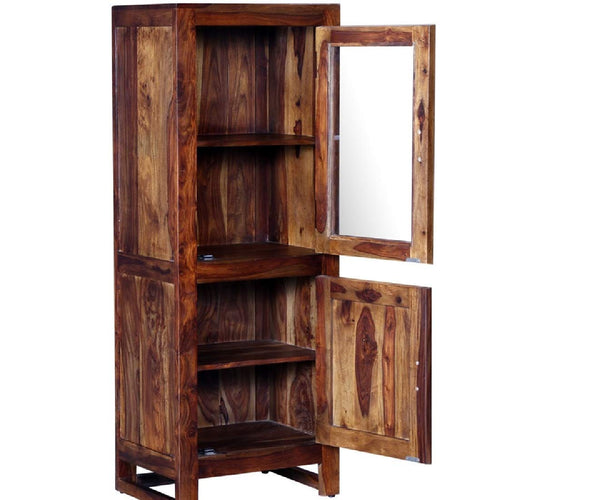 Fanti Sheesham wood book cabinet with both doors open and storage shelves visible