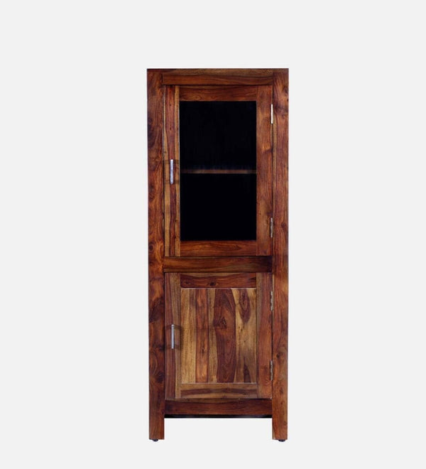 Fanti solid Sheesham wood glass-door book cabinet in Natural finish - front view