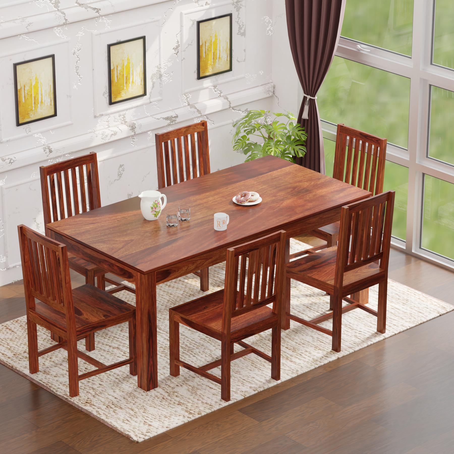 Samoa Solid Sheesham Wood Six Seat Dining Table set in Natural Finish - Rajasthali Furniture 