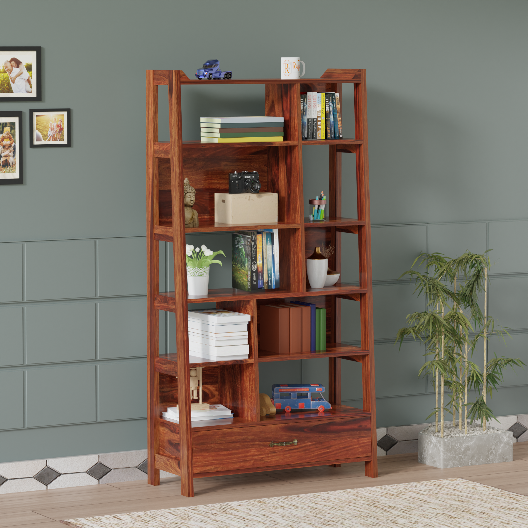 Solid Sheesham Wood Taper Bookshelf with one Large Size drawer in Natural Finish - Rajasthali Furniture 