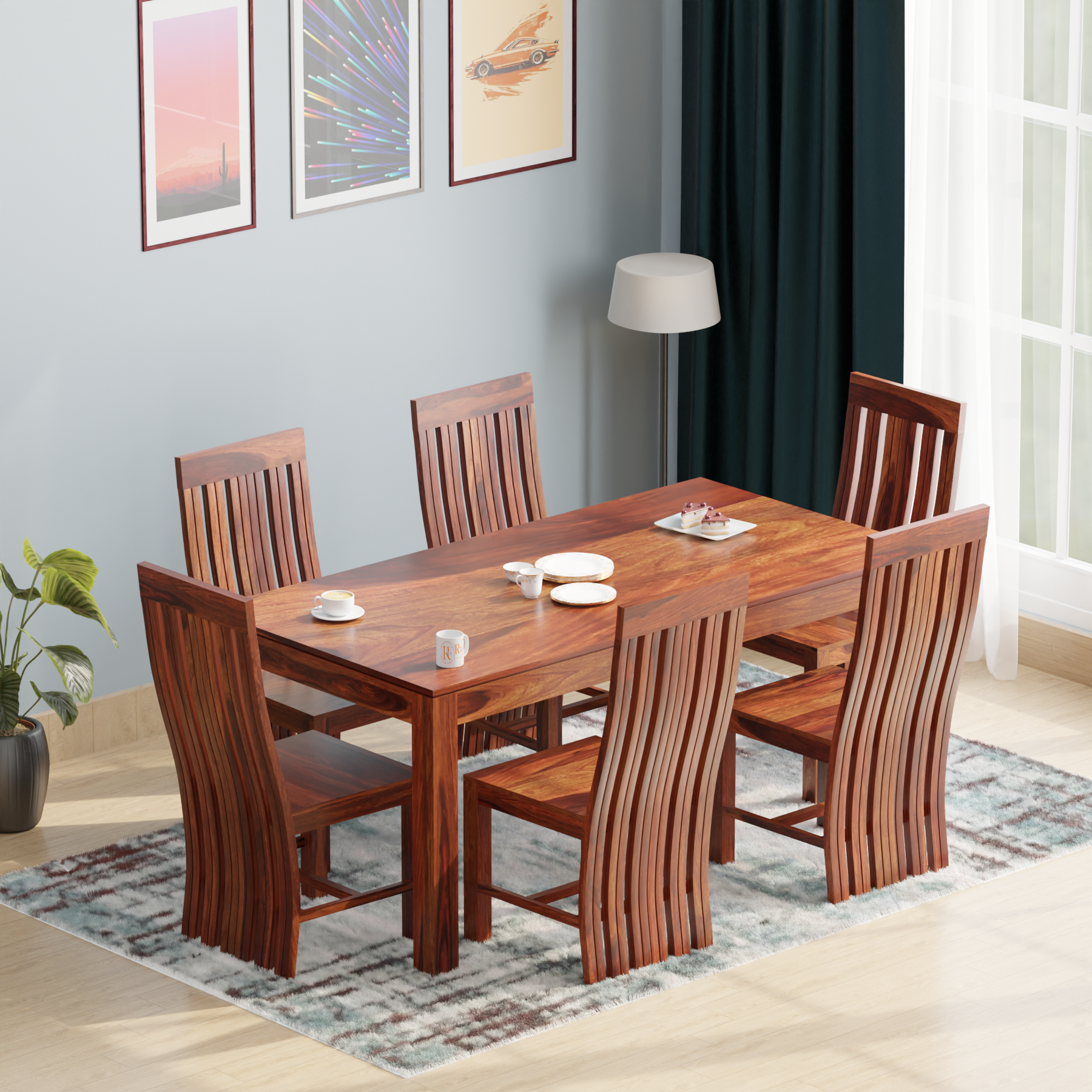 Poppy Raja Poppy Solid Sheesham Wood Six Seat Dining Table Set in Natural Finish