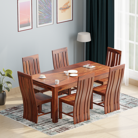 Poppy Solid Sheesham Wood Six Seat Dining Table Set in Natural Finish - Rajasthali Furniture 