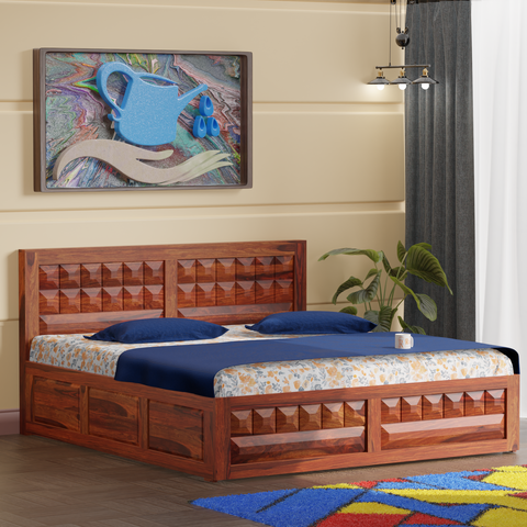 Olij Solid Wood Queen Size Double Bed with Box Storage in Honey Oak Finish - Rajasthali Furniture 