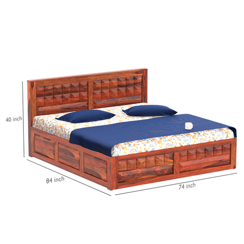 Olij Solid Wood Double Bed with Box Storage in Honey Oak Finish - Rajasthali Furniture 