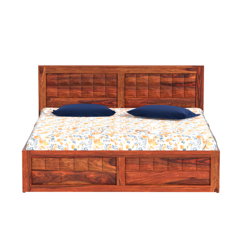 Olij Solid Wood Double Bed with Box Storage in Honey Oak Finish - Rajasthali Furniture 