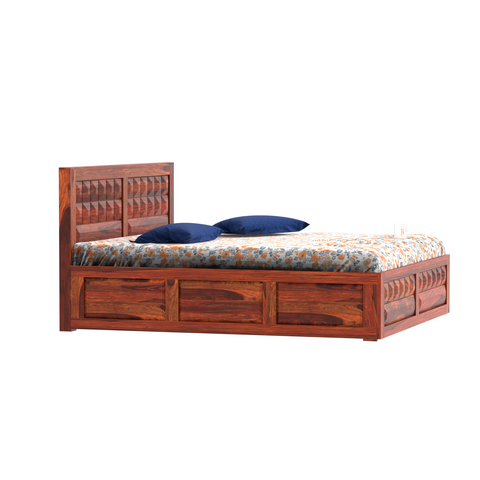 Olij Solid Wood Double Bed with Box Storage in Honey Oak Finish - Rajasthali Furniture 