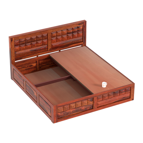 Olij Solid Wood Double Bed with Box Storage in Honey Oak Finish - Rajasthali Furniture 