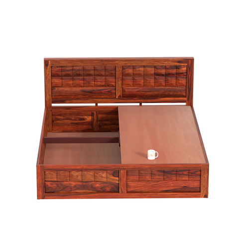 Olij Solid Wood Double Bed with Box Storage in Honey Oak Finish - Rajasthali Furniture 